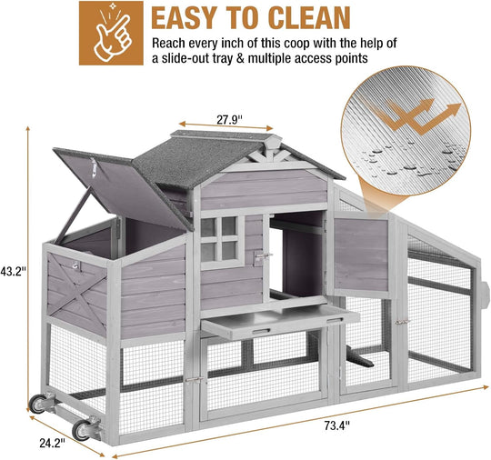 MEDEHOO 73.4" Large Chicken Coop with Wheels for Outdoor, Mobile Chicken House with Nest Box &amp; Removable Tray for 2-5 Chickens, Weatherproof Poultry Cage, Gray SKY32-D-WM