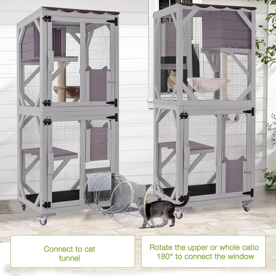 MEDEHOO Catio Outdoor Cat Enclosure Mobile Cat House Indoor On Wheels with Scratch Post, Hammock, Resting Box, Platform, Tarp Roof 62.8", Grey