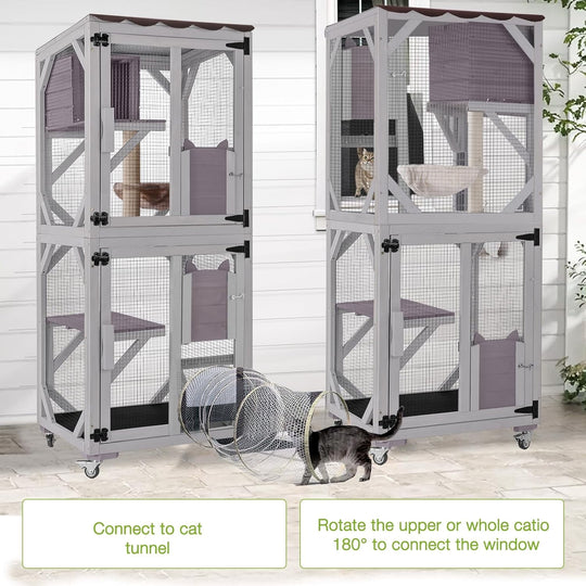 MEDEHOO Catio Outdoor Cat Enclosure Mobile Cat House Indoor On Wheels with Scratch Post, Hammock, Resting Box, Platform, Tarp Roof 62.8", Grey