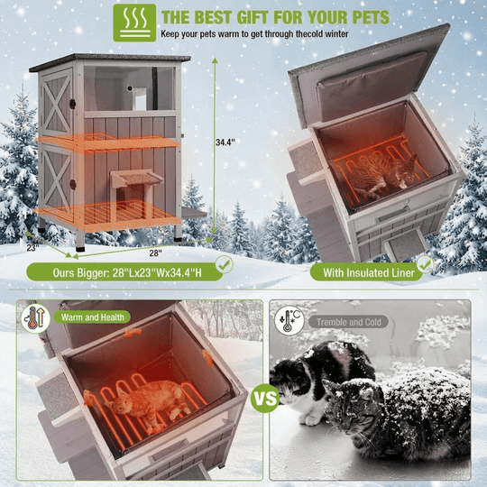 MEDEHOO 2-Story Heated Outdoor Cat House for 1-4 Cats, Insulated Wooden Feral Shelter with Heating Pad, Liner &amp; Escape Doors,Gray