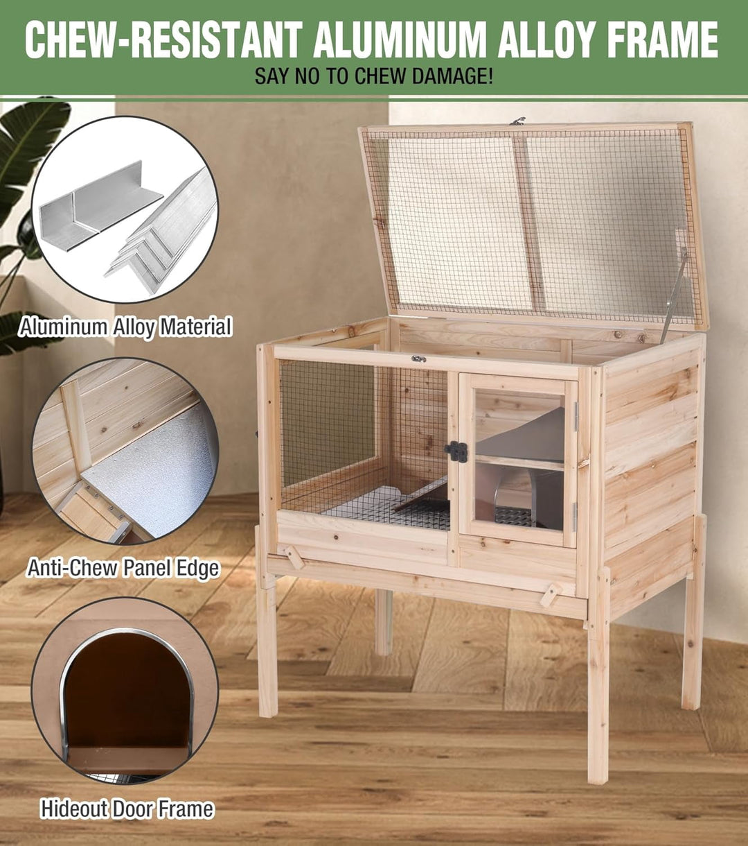 MEDEHOO Guinea Pig Cage Indoor Rabbit Hutch with Chew-Proof Edges - Natural Wood