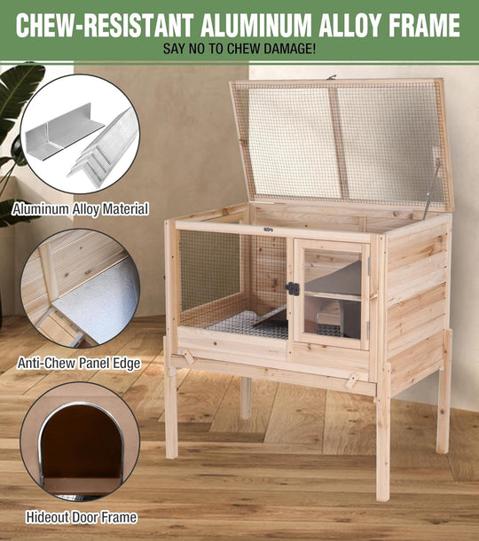 MEDEHOO Guinea Pig Cage Indoor Rabbit Hutch with Chew-Proof Edges - Natural Wood