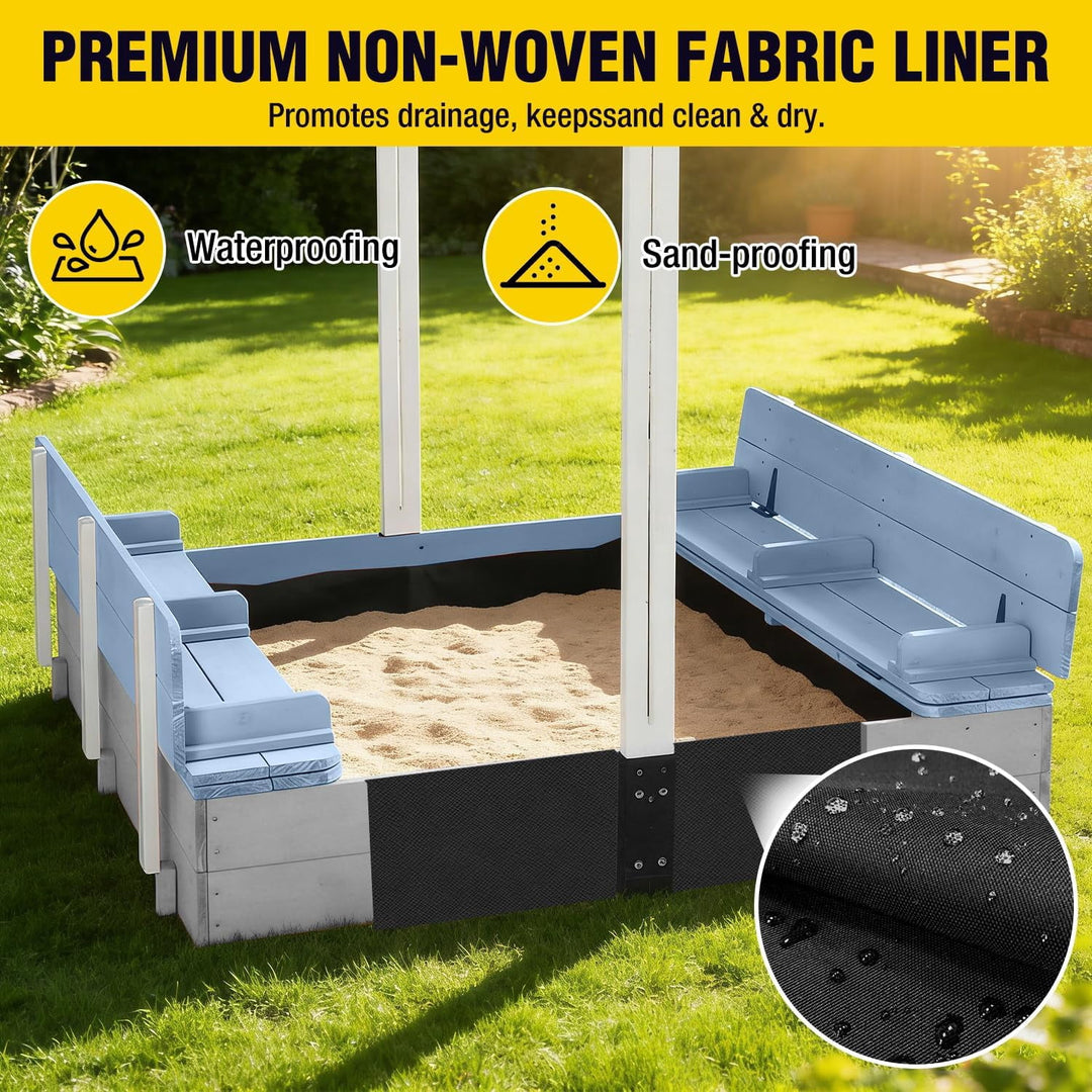Sandbox for Kids with Adjustable Canopy, Wooden Sand Box with 2 Foldable Seats, Sandbox with Lid Outdoor (Blue) GUT05-B-2