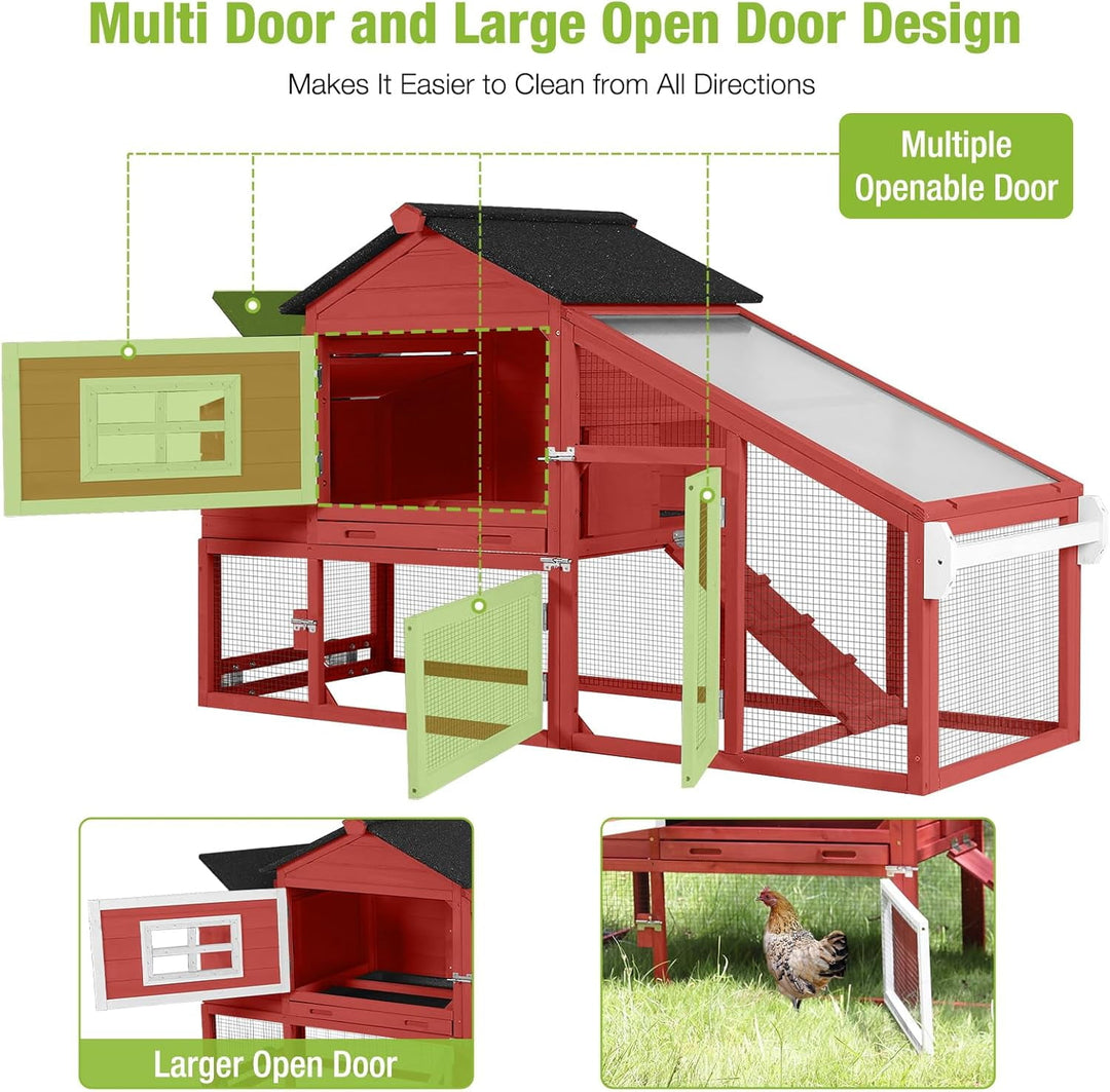 MEDEHOO Chicken Coop Mobile Chicken House On Wheel Outdoor Rabbit Hutch for 2-4 Chickens 67"(Red) AIR023-R2