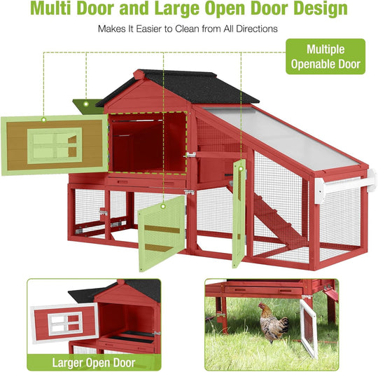 MEDEHOO Chicken Coop Mobile Chicken House On Wheel Outdoor Rabbit Hutch for 2-4 Chickens 67"(Red) AIR023-R2