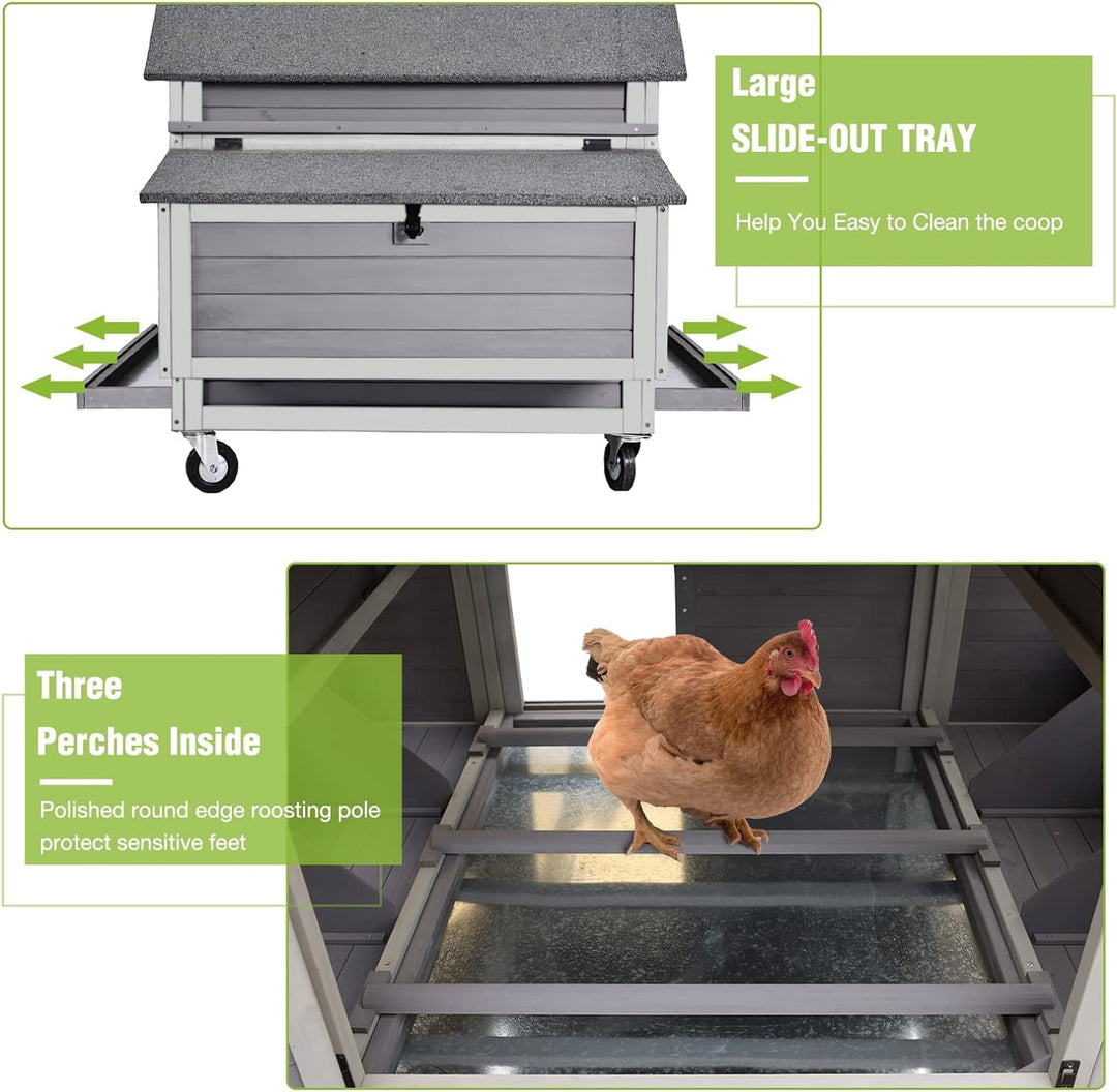 MEDEHOOChicken Coop Movable Large Duck Cage On Wheels Outdoor Rabbit Hutch Wooden Hen House with Two Nesting Boxes AIR67-N