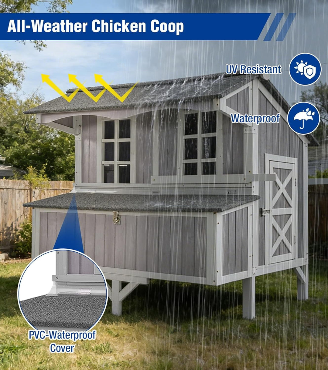 MEDEHOO Large Chicken Coop with Wheels for 6-8 Chickens, Large Outdoor Duck Coop Hen House with Weatherproof Asphalt Roof, Nesting Box, Pull-Out Tray, 51.6" L x 41" W x 51.2" H