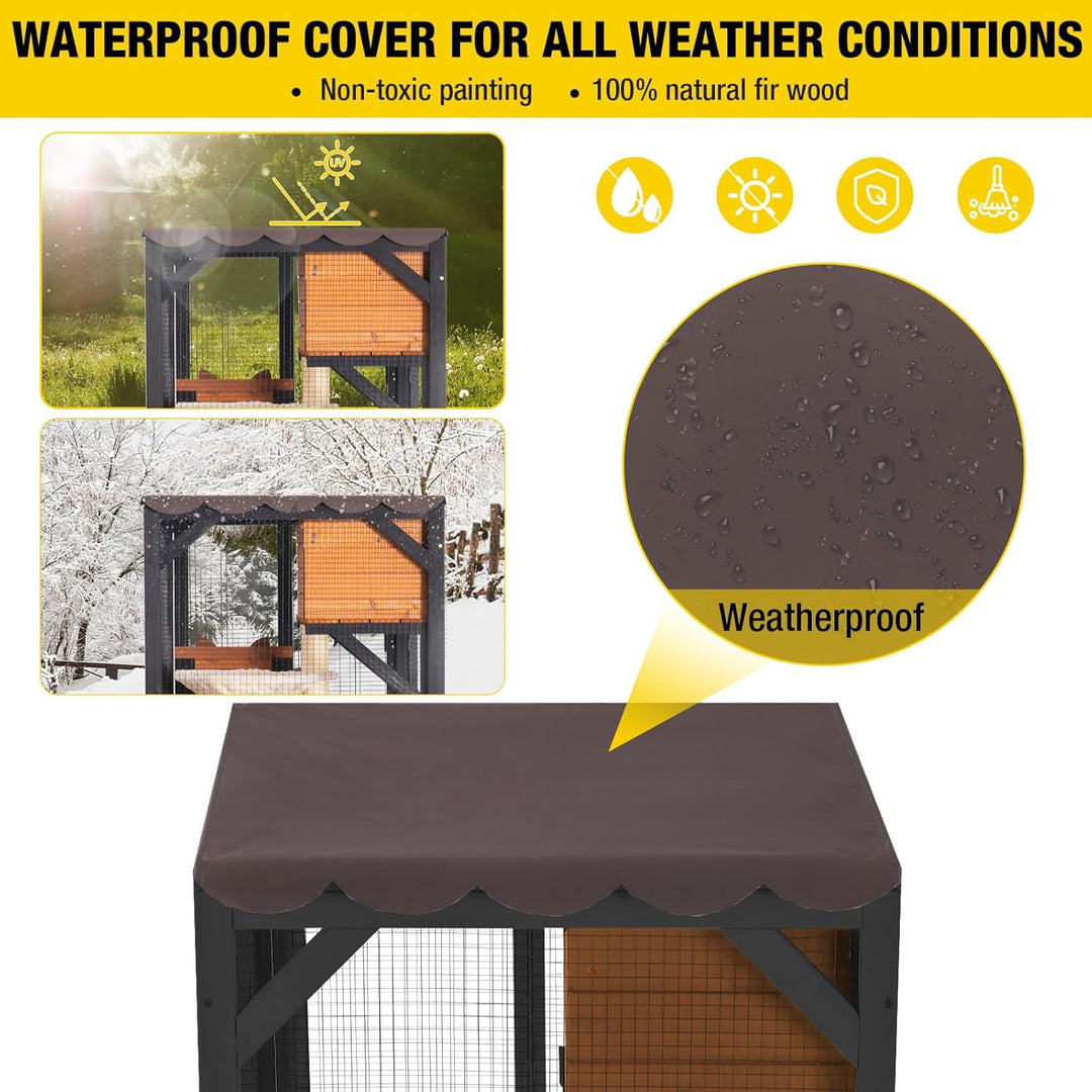 MEDEHOO Window Catio Outdoor Cat Enclosure Mobile Kitty Shelter on Wheels Pet Cage with Resting Box, Hammocks, Waterproof Cover AIR22-M-B-WM