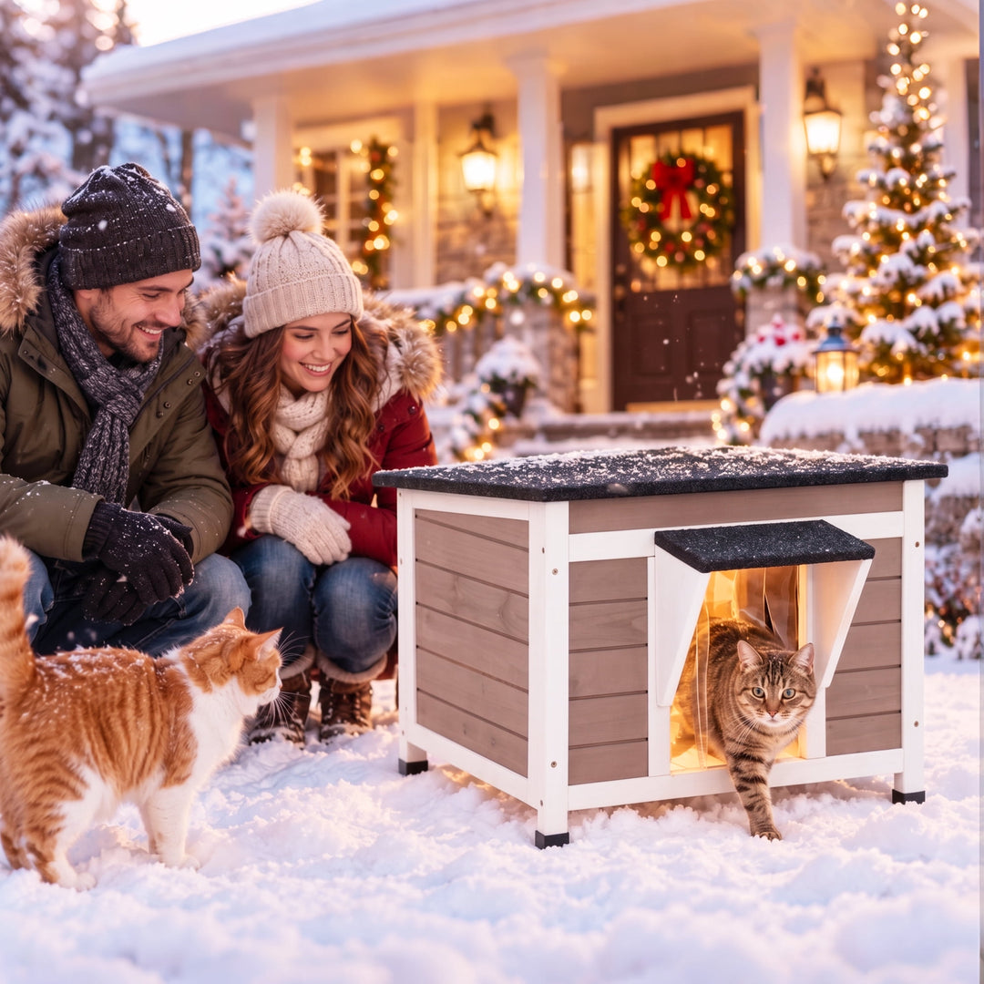 MEDEHOO Heated Outdoor Cat House for Winter, 23.6" Insulated Wooden Feral Cat Shelter with Thermostatic Heating Pad, Raised Feet and Door Curtain AIR12-WB-HP-GE-WM