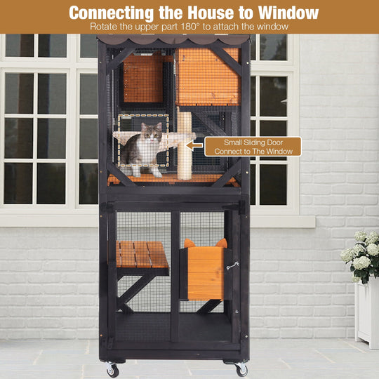 MEDEHOO 3-Tier Outdoor Catio with Wheels, Wooden Cat Enclosure with 4 Lockable Wheels &amp; Removable Hammock, Window Cat House for Multiple Cats, 63" Black