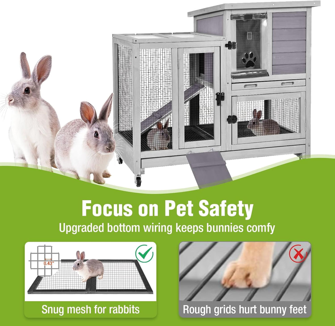 MEDEHOO 2-Story Rabbit Hutch Indoor with Chew-Proof Ramp &amp; Slide-Out Plastic Trays - Wooden Small Animal Cage Guinea Pig Cages with Wheels for 2-4 Rabbits, Bunnies, and Guinea Pigs (Grey) AIR10-G-MA-WM