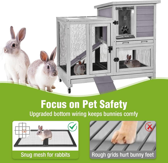 MEDEHOO 2-Story Rabbit Hutch Indoor with Chew-Proof Ramp &amp; Slide-Out Plastic Trays - Wooden Small Animal Cage Guinea Pig Cages with Wheels for 2-4 Rabbits, Bunnies, and Guinea Pigs (Grey) AIR10-G-MA-WM