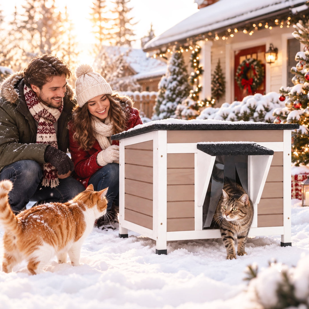 MEDEHOO Insulated Outdoor Cat House, Weatherproof Feral Cat Shelter for Winter with 6-Side Thermal Liner, Elevated Wooden Kitty Kennel for Backyard, Light Brown AIR12-WB-IN-GE-WM2