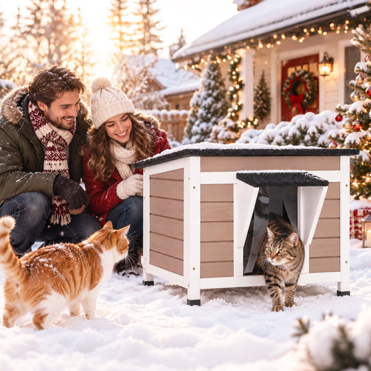 MEDEHOO Insulated Outdoor Cat House, Weatherproof Feral Cat Shelter for Winter with 6-Side Thermal Liner, Elevated Wooden Kitty Kennel for Backyard, Light Brown AIR12-WB-IN-GE-WM2