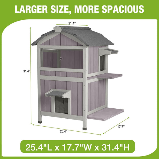 MEDEHOO 2-Story Outdoor Cat House Large Weatherproof Feral Cat Shelter Wooden Elevated Kitty Condo with Openable Roof, Large Doors, Acrylic Window