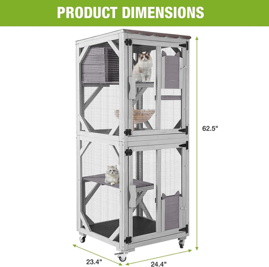 MEDEHOO Catio Outdoor Cat Enclosure with Wheels, Outdoor Cat House with Weatherproof Roof, 3 Platforms, Large Window Catio Portable Cat Cage Indoor for 2-3 Cats, 23.4" D x 24.5" W x 62.8" H - Grey AIR22-M-1-WM