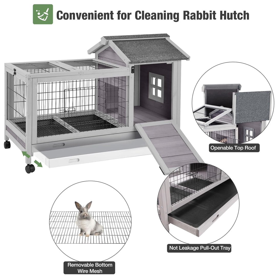 MEDEHOO Rabbit Hutch with Wheels for Indoor Outdoor, Wooden Rabbit Cage with Removable Wire Netting &amp; Leak Proof Tray, Mobile Bunny Cage, Gray AIR24-ML-WM