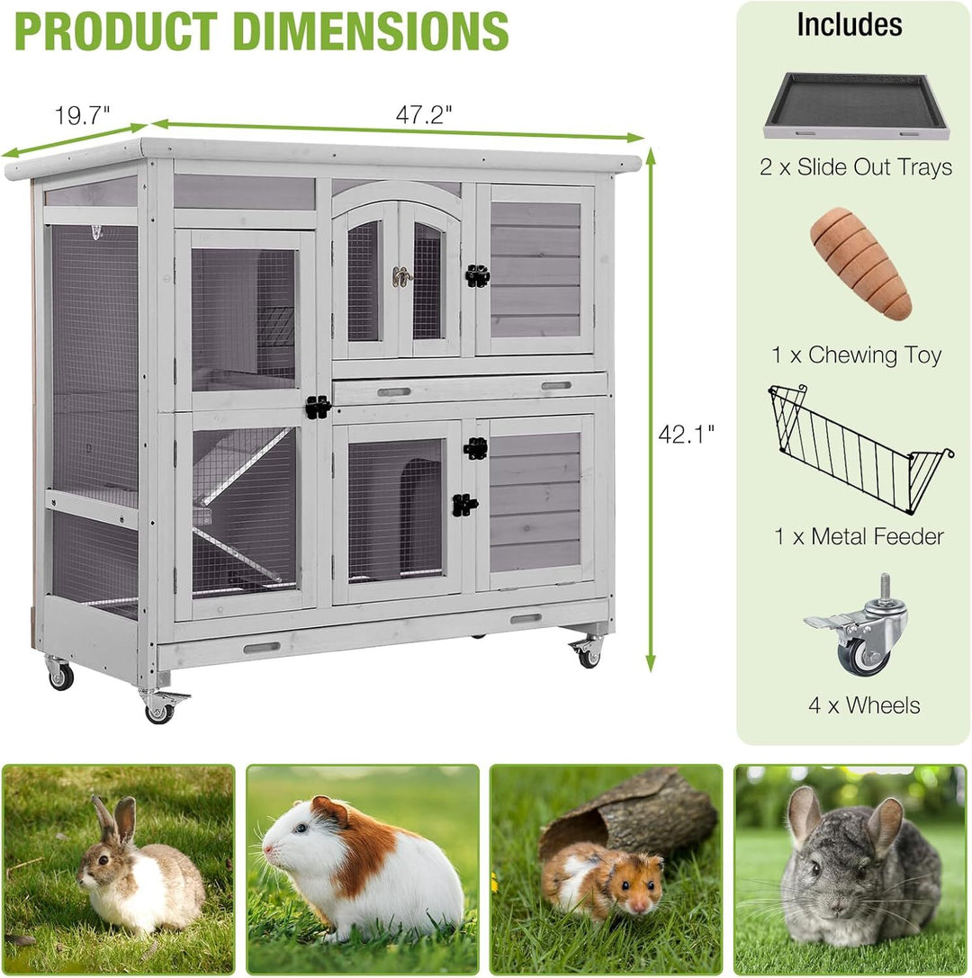 MEDEHOO Rabbit Hutch Indoor and Outdoor Bunny Cage with Wheels Hamster House Guinea Pig Cages for Small to Medium Animals Waterproof Leakproof Tray Grey AIR06-C-MC-WM
