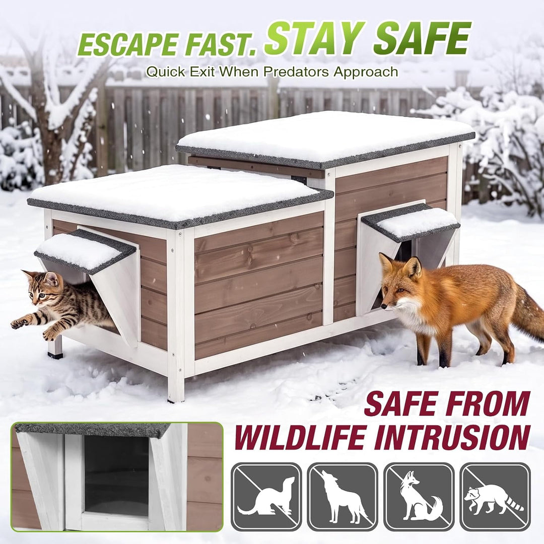 MEDEHOO Large Heated Outdoor Cat House for Multiple Cats 6-Sided All-Around Insulated Liner, 8-Layer Protection Heating Pad&amp;Liner, Escape Doors, Weatherproof Wood Shelter for Winter AIR93-B-HP-PA-WM2