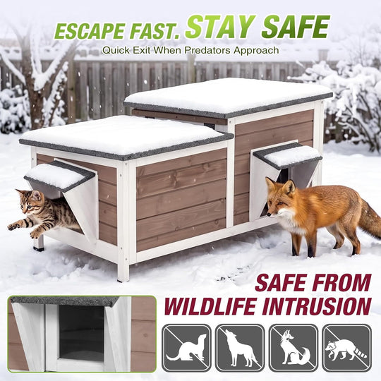 MEDEHOO Large Heated Outdoor Cat House for Multiple Cats 6-Sided All-Around Insulated Liner, 8-Layer Protection Heating Pad&amp;Liner, Escape Doors, Weatherproof Wood Shelter for Winter AIR93-B-HP-PA-WM2
