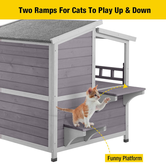 MEDEHOO Outdoor Cat House Wooden Winter Weatherproof Feral Cat Shelter with Balcony AIR33-WM