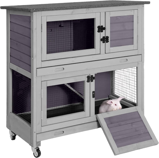 MEDEHOO Rabbit Hutch Indoor, 36'' Bunny Hutch Outdoor, Mobile Rabbit Cage with Wheels, 2-Story Bunny Cage with 2 Pull Out Trays, Wooden Guinea Pig Cage (Grey)