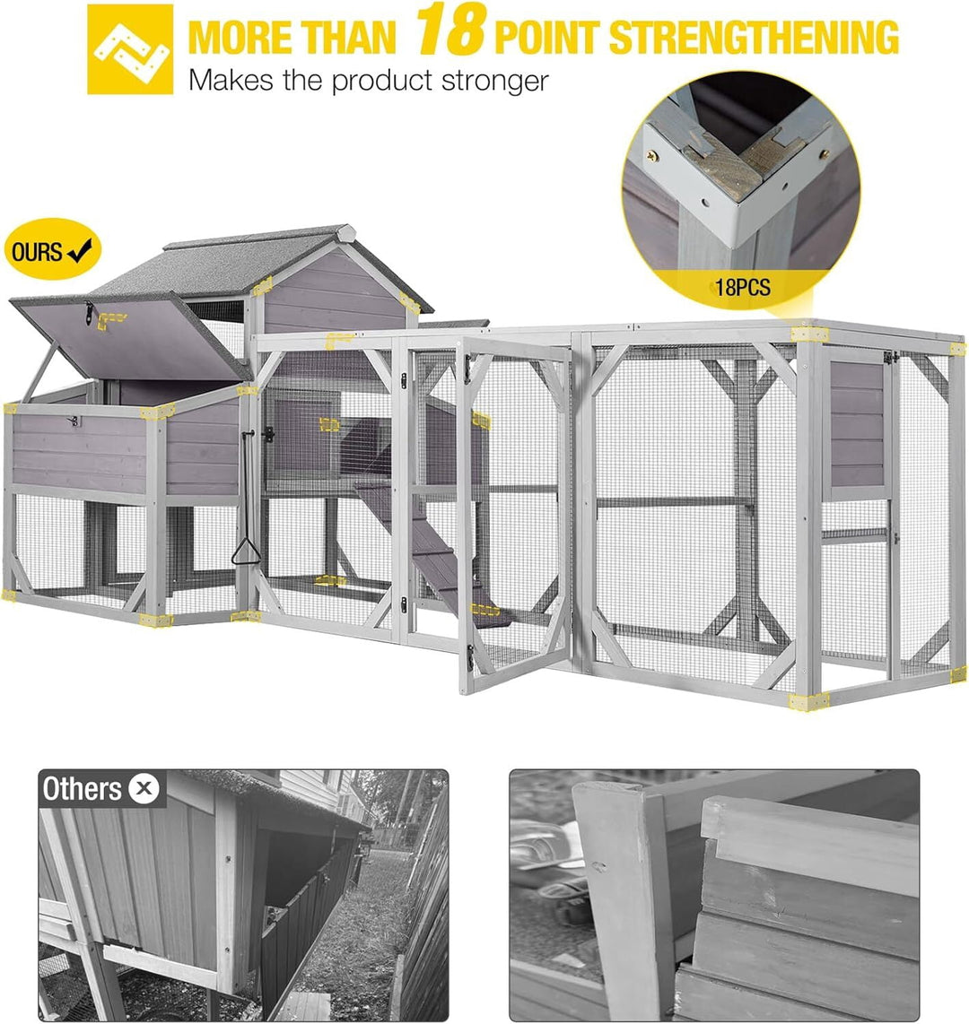 MEDEHOO Extra Large Chicken Coop for 8-10 Chickens, Reinforced Structure Outdoor Wooden Chicken House with 6 Nesting Boxes, Extended Run, Waterproof Roof, Iron Edge, Grey, 118" L x 26" W x 50" H NAIR46-M-WM