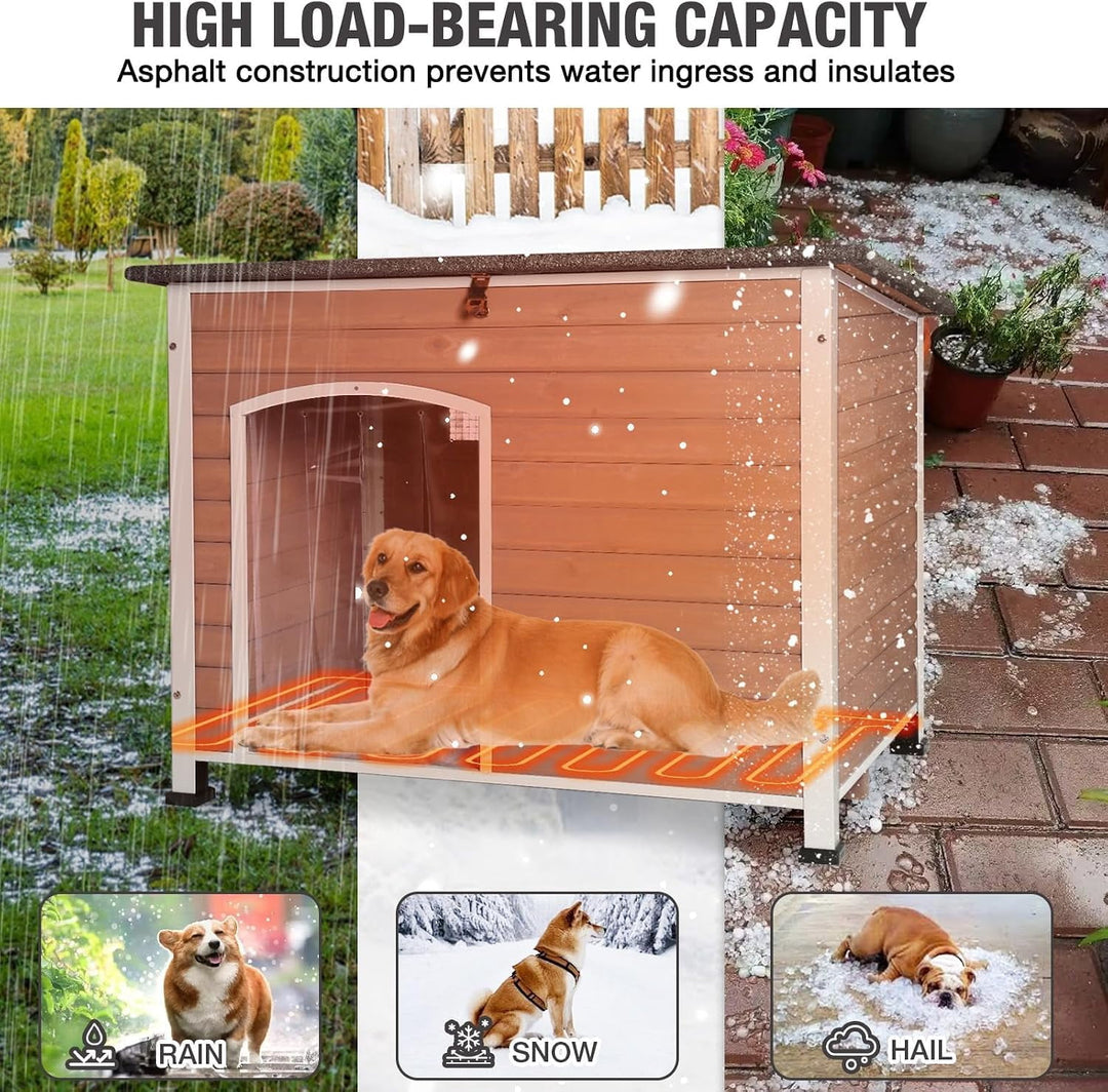 MEDEHOO 43.3" Heated Dog House Outdoor, XL Insulated Weatherproof Kennel with Heating Pad &amp; Chew-Proof Metal Frame DH76-MB-IN-HP-4DML-WM2