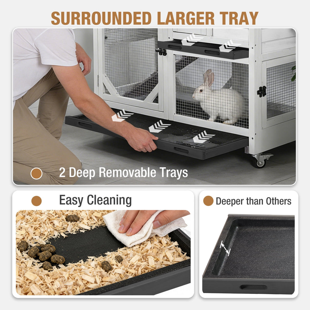 MEDEHOO 39" 2-Story Rabbit Hutch, Wooden Bunny Cage with Chew-Proof Ramp, 2 Leak-Proof Pull-Out Trays and Lockable Wheels for Guinea Pigs &amp; Small Pets, Black&amp;White