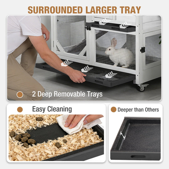 MEDEHOO 39" 2-Story Rabbit Hutch, Wooden Bunny Cage with Chew-Proof Ramp, 2 Leak-Proof Pull-Out Trays and Lockable Wheels for Guinea Pigs &amp; Small Pets, Black&amp;White
