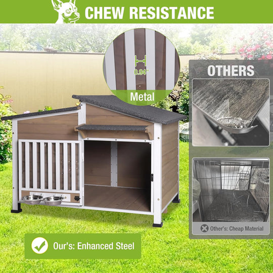 MEDEHOO Heated Dog House Outdoor with Heating Pad and Insulated Liner, Wooden Dog Kennel with Anti-Chewing Metal Frame, Weatherproof Dog Shelter with Bowls for Outdoor or Indoor Use (Light Brown)