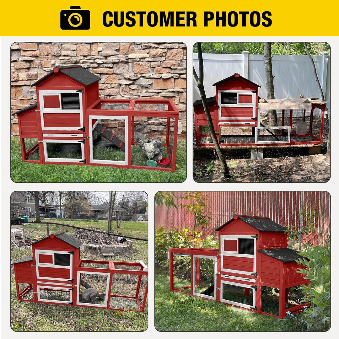 MEDEHOO Large Chicken Coop with Wheels  82.4" L Outdoor Hen House with Run Nesting Box for 4-6 Chickens, Mobile Chicken House Portable Duck Coop Red