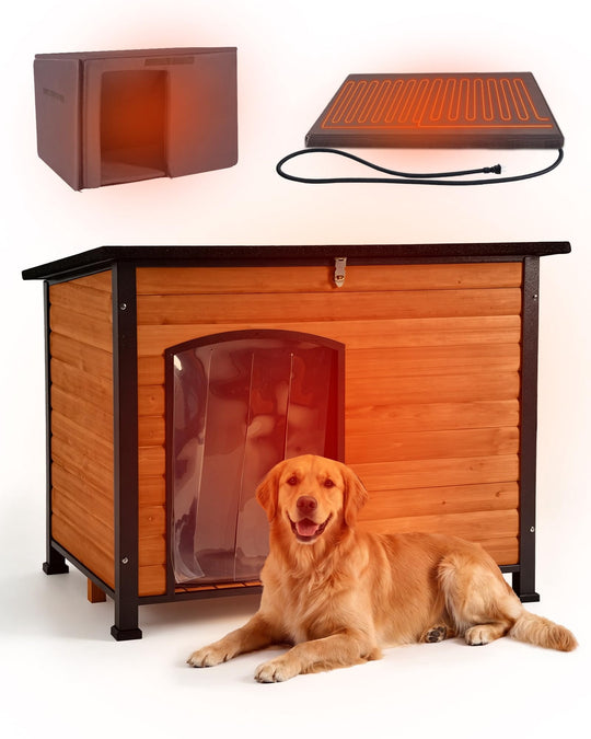 MEDEHOO Heated Outdoor Dog House with Heating Pad &amp; Insulated Liner, Winter Weatherproof Anti-Chewing Dog Kennel, Iron