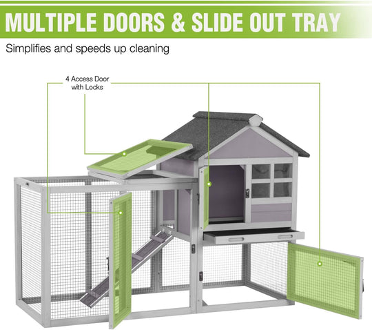 MEDEHOO Large Rabbit Hutch Outdoor 2-Level Wooden Chicken Coop Indoor Weatherproof Bunny Cage Guinea Pig House with Waterproof Roof, Leak-Proof Pull Out Tray, Lockable Door for Small Animals (Grey) AIR7002-Grey-MA-WM