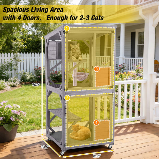 MEDEHOO 71" Large Catio Outdoor Cat Enclosure, Mobile Catio Enclosure Indoor On Wheels with Scratch Post, Hammock, Resting Box, Platform, Tarp Roof