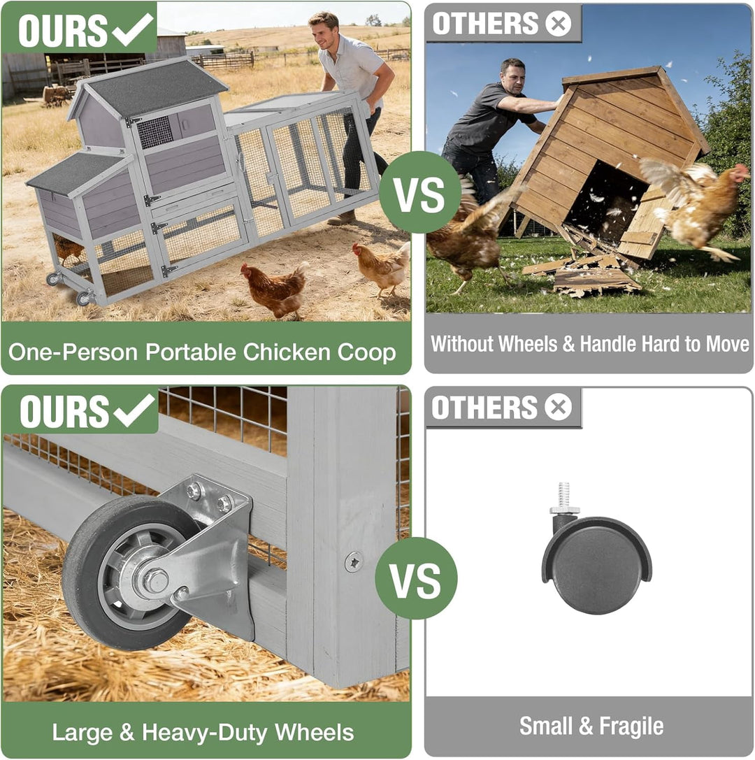 78" Mobile Chicken Coop with Wheels for 4-6 Chickens, Large Wooden Hen House Duck Cage with Run, Nesting Box, Pull-Out Tray, Waterproof Asphalt Roof Mark-AIR27-4