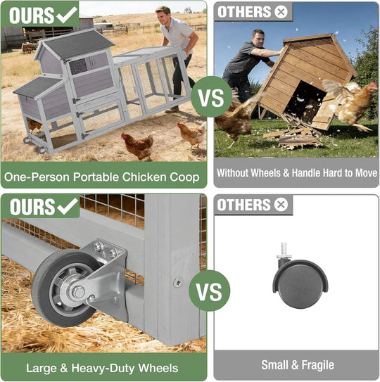 78" Mobile Chicken Coop with Wheels for 4-6 Chickens, Large Wooden Hen House Duck Cage with Run, Nesting Box, Pull-Out Tray, Waterproof Asphalt Roof Mark-AIR27-4