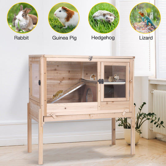 MEDEHOO Wooden Guinea Pig Cages Indoor with Removable Stand, Anti Chewing Rabbit Hutch with Ramp and Wire Mesh, 2 Story Small Animals House Habitat with Pull Out Tray, Natural