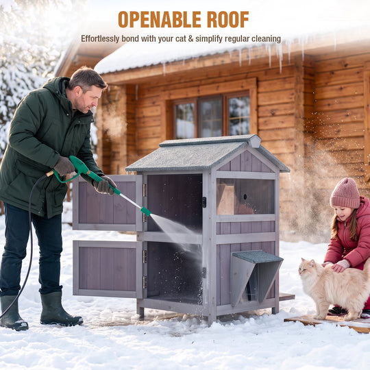 MEDEHOO  Heated Cat House for Outside, 2-Level Weatherproof Outdoor Feral Cat Shelter Wooden Elevated Kitty Condo with Safety Heating pad Insulated liner Openable Roof 2 Large Side Doors AIR94-M-IN-HP-WFS-ML
