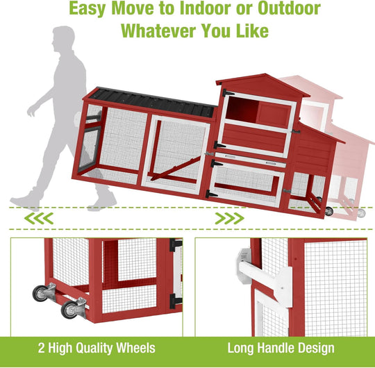 MEDEHOO 80" Mobile Chicken Coop with Wheels – Expandable Waterproof Hen House, Wooden Poultry Cage with Nesting Box &amp; Pull-Out Tray for 2-4 Chickens (Red)