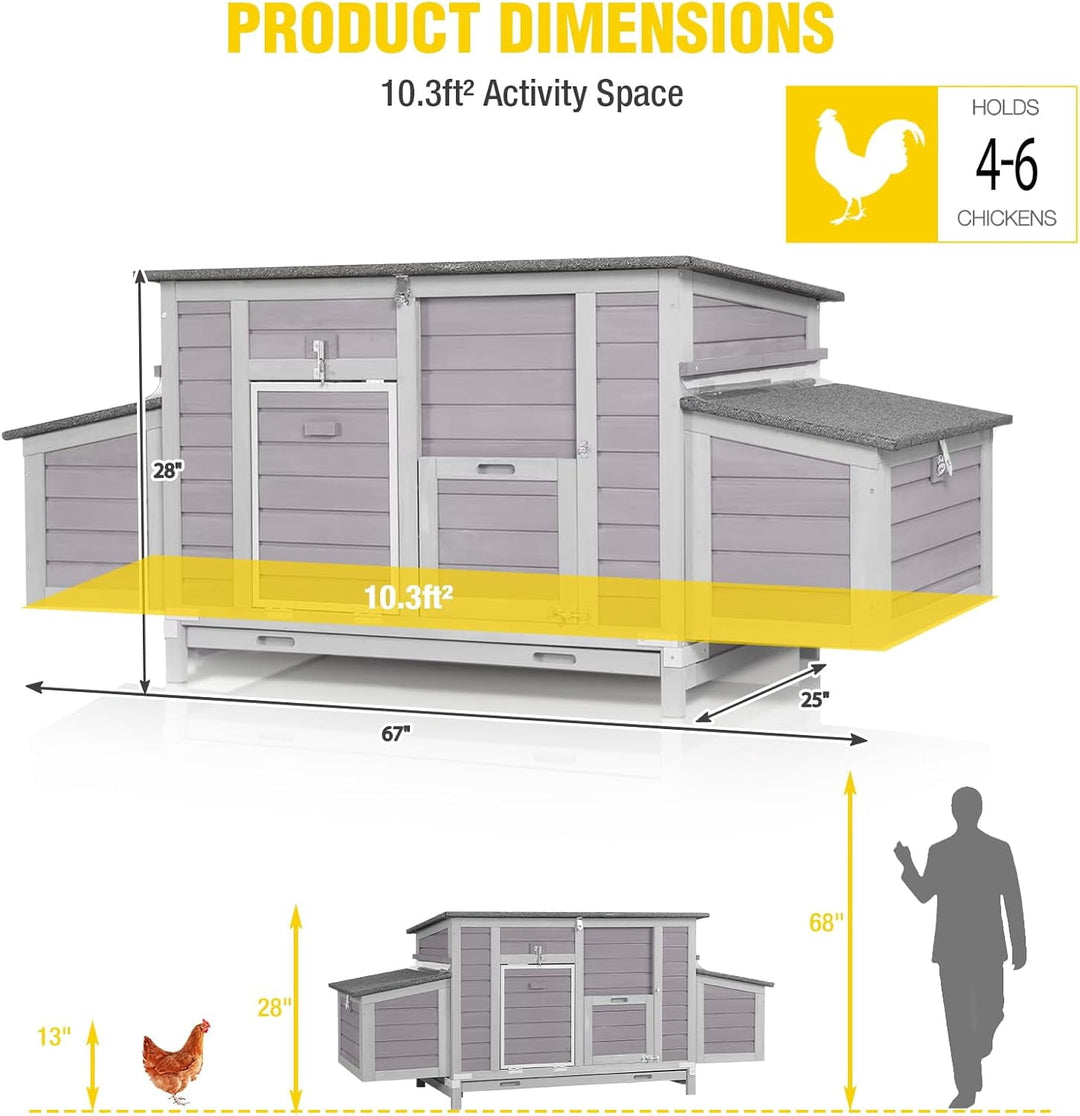 MEDEHOO Large Chicken Coop for 4-6 Chickens, Reinforced Outdoor Wooden Hen House with 4 Sectionable Nesting Box, Easy Clean Pull-Out Tray, Waterproof Asphalt Roof - Grey