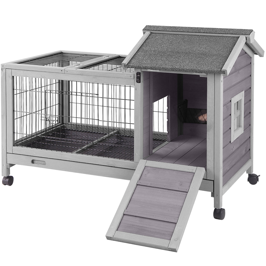 MEDEHOO Rabbit Hutch Indoor and Outdoor, Rabbit Cage with Removable Wire Netting and Leak Proof Tray, Mobile Bunny Cage with Wheels