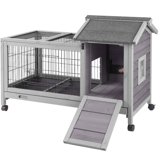MEDEHOO Rabbit Hutch Indoor and Outdoor, Rabbit Cage with Removable Wire Netting and Leak Proof Tray, Mobile Bunny Cage with Wheels