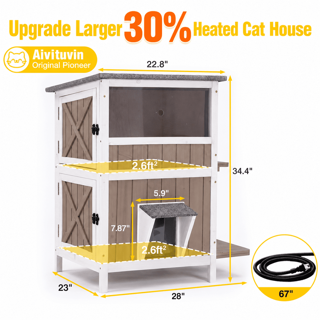 MEDEHOO Heated Cat House with Heating Pad &amp; Insulated Liner for Winter, Insulated Outdoor Cat House for Outdoor Indoor, Weatherproof Two Story Cat Shelter for Feral &amp; Stray Cats, Brown AIR14-WBR-HP-WM