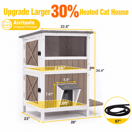 MEDEHOO Heated Cat House with Heating Pad &amp; Insulated Liner for Winter, Insulated Outdoor Cat House for Outdoor Indoor, Weatherproof Two Story Cat Shelter for Feral &amp; Stray Cats, Brown AIR14-WBR-HP-WM
