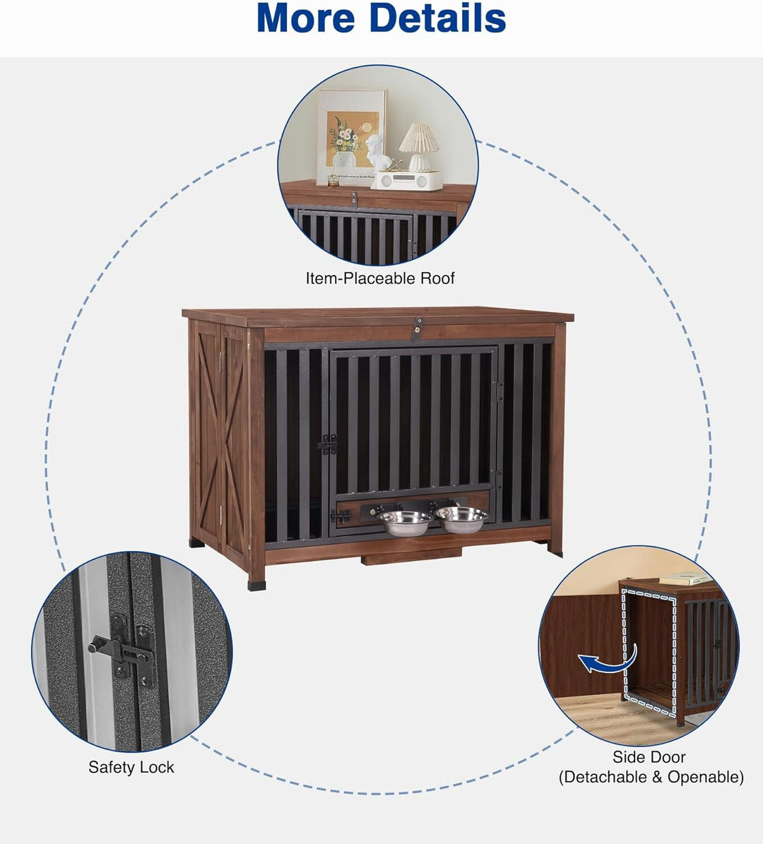 MEDEHOO Dog Crate Furniture, Foldable Wooden Dog Kennel Furniture with 360° Rotating Feeding Bowls, Iron Frame Dog Crate with Deepened Sliding Tray , 39.4" L Brown