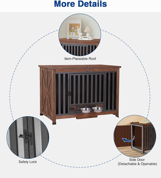 MEDEHOO Dog Crate Furniture, Foldable Wooden Dog Kennel Furniture with 360° Rotating Feeding Bowls, Iron Frame Dog Crate with Deepened Sliding Tray , 39.4" L Brown
