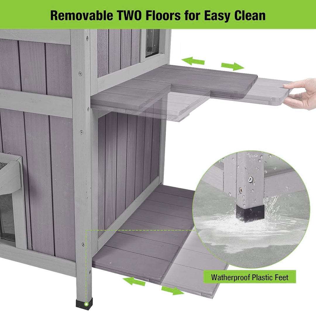 MEDEHOO Outdoor Feral Cat House Weatherproof 2-Story Cat Condon Enclosure for Outside Cats Shelter with Large Window, Escape Door, Jumping Platform