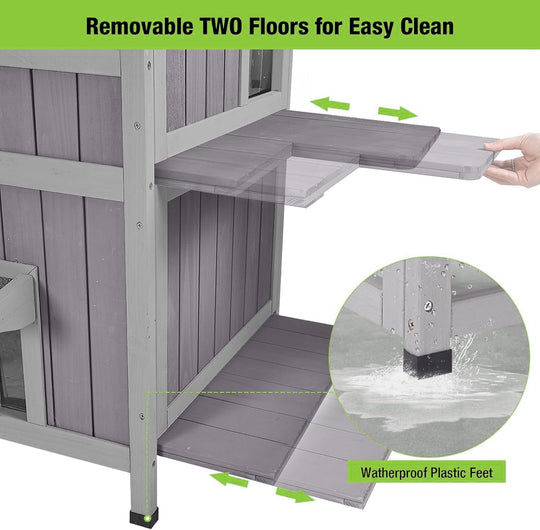 MEDEHOO Outdoor Feral Cat House Weatherproof 2-Story Cat Condon Enclosure for Outside Cats Shelter with Large Window, Escape Door, Jumping Platform