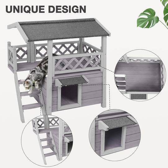 BUTINGLALE Cat House Outdoor Indoor Feral Cat Shelter Wooden Kitty House with Stairs, Balcony＆Weatherproof Roof AIR09-B-Q